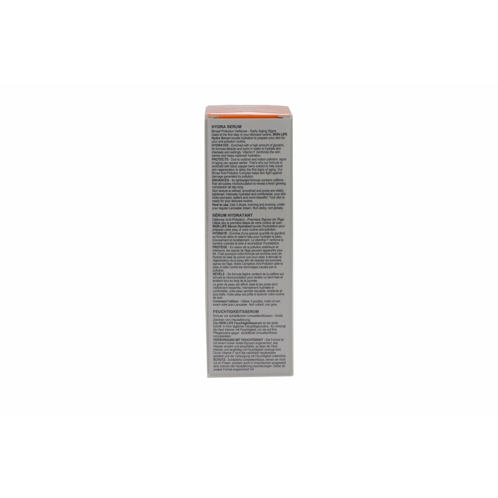 Verpackung mit Text. Aufschrift: Lancaster, Skin Life Hydra Serum. Text über Inhaltsstoffe und Anwendung.