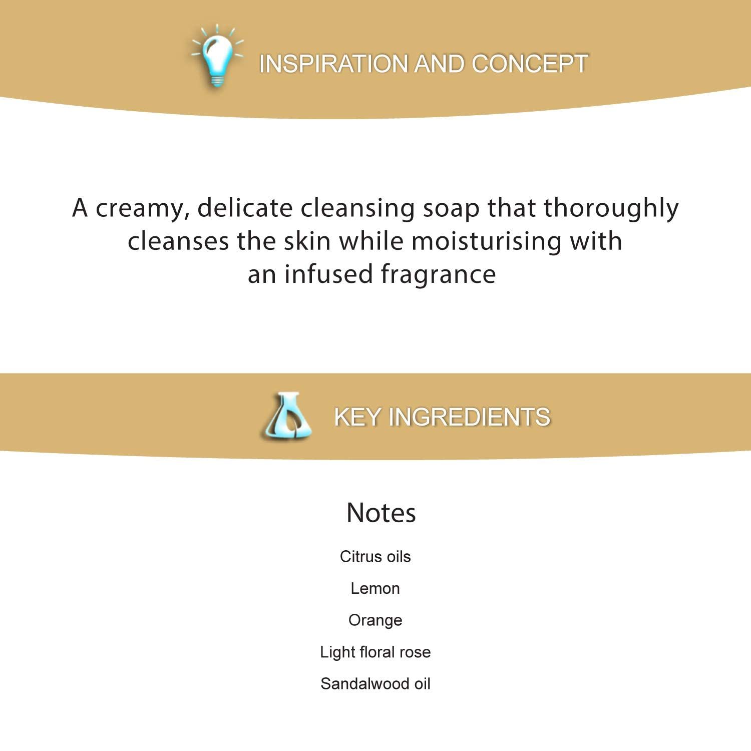 Text auf weißem Hintergrund. Überschrift: 'INSPIRATION AND CONCEPT'. Text über reinigende Seife. Aufzählung von Inhaltsstoffen.
