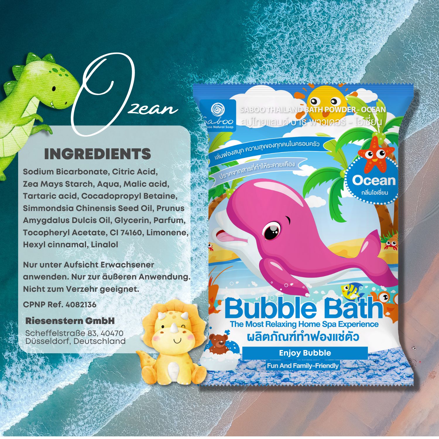 Produktverpackung mit rosa Wal. Text: Bubble Bath, Ocean. Inhaltsstoffe. Marke: Saboo.
