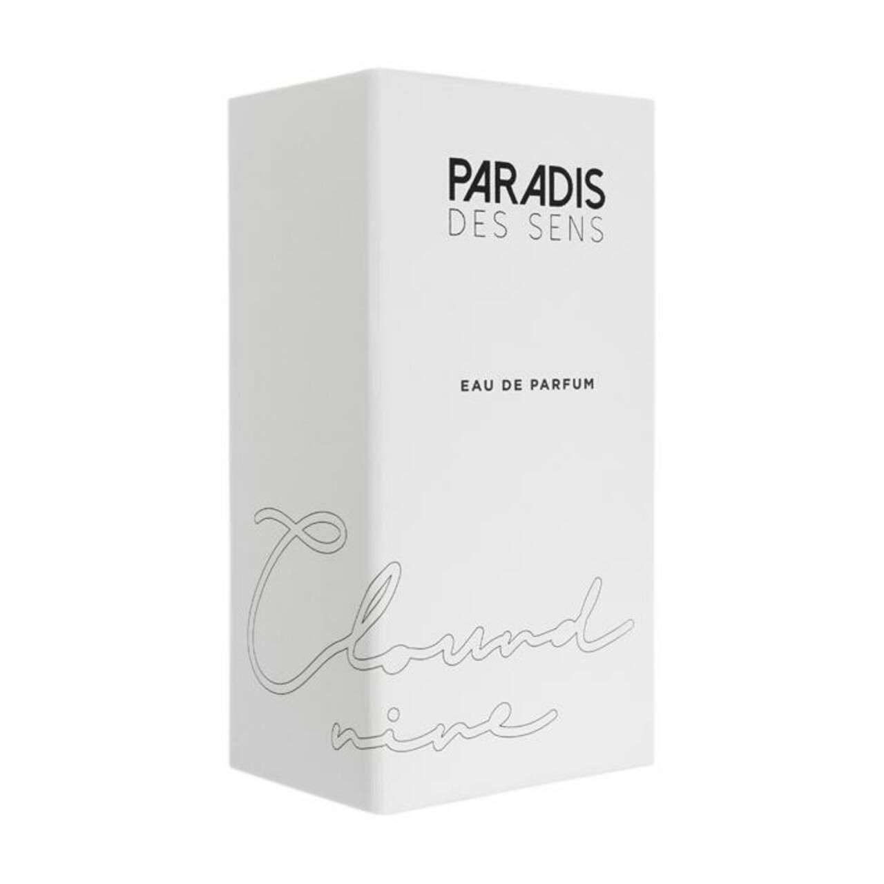 Weiße Verpackung mit "PARADIS DES SENS" und "Cloud nine" in Schreibschrift. "EAU DE PARFUM" darunter.