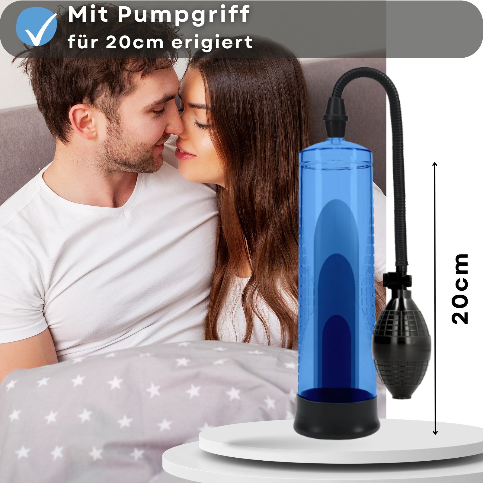 Paar, blaue Pumpe mit Pumpball. 20cm Skala.