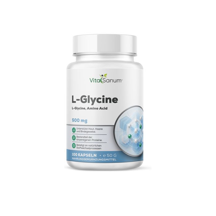 VitaSanum L-Glycin 500 mg Kapseln. Weißer Behälter mit blauem Etikett, das Aminosäure und Kapselanzahl zeigt.