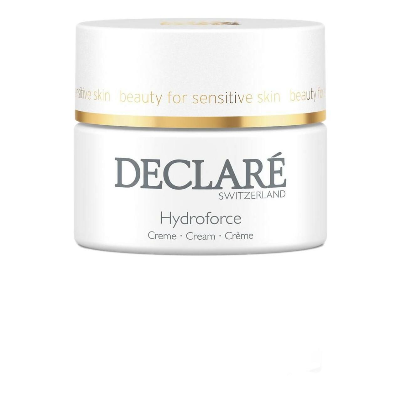 Weißer Tiegel mit goldfarbenem Deckel. DECLARÉ-Logo und Produktname Hydroforce. Text: beauty for sensitive skin.