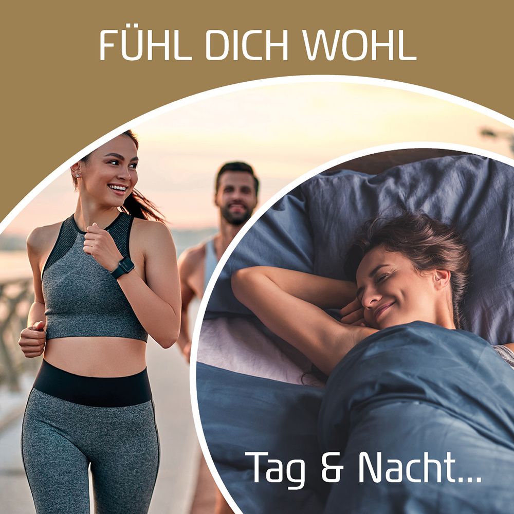 Personen beim Sport und im Bett. Text: Fühl dich wohl, Tag & Nacht.
