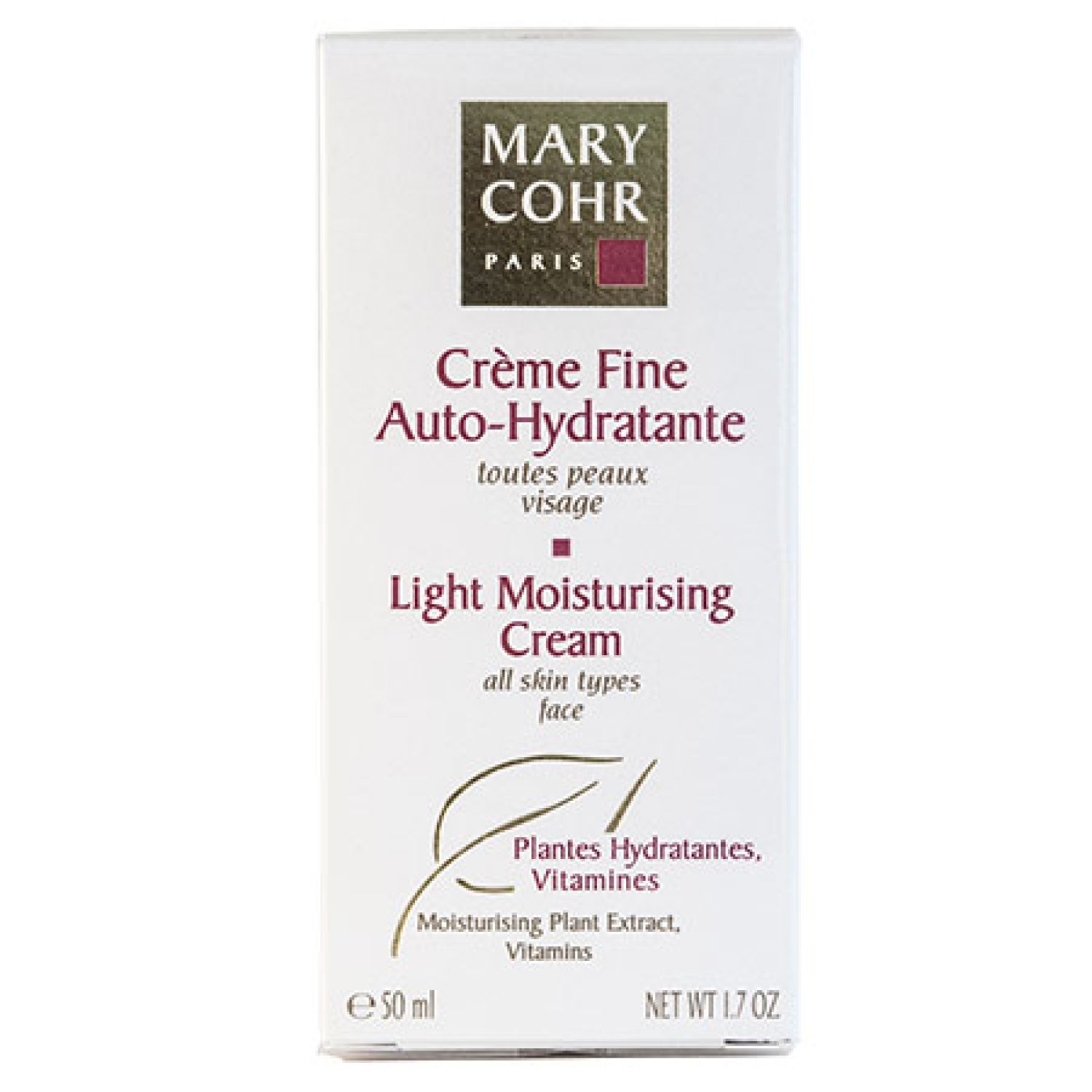 Weißer Karton mit Produktaufschrift. Oben: MARY COHR PARIS. Text: Crème Fine Auto-Hydratante, Light Moisturising Cream. Unten: e 50 ml, NET WT 1.7 OZ.