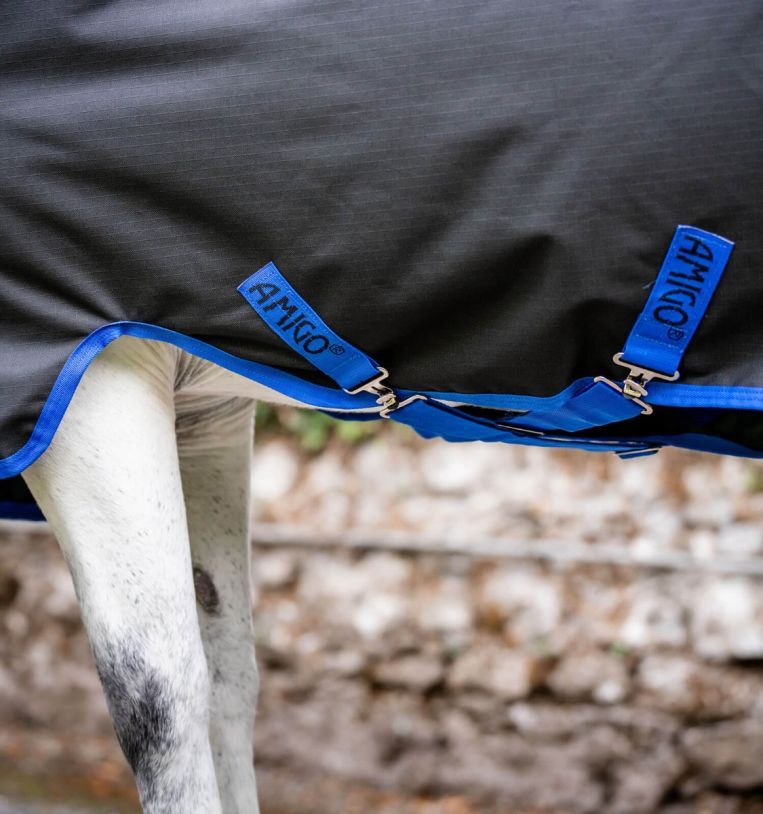 Nahaufnahme der Deckenbefestigung. Schwarzes Material mit blauen Riemen und Schnallen. Aufschrift 'AMIGO'.