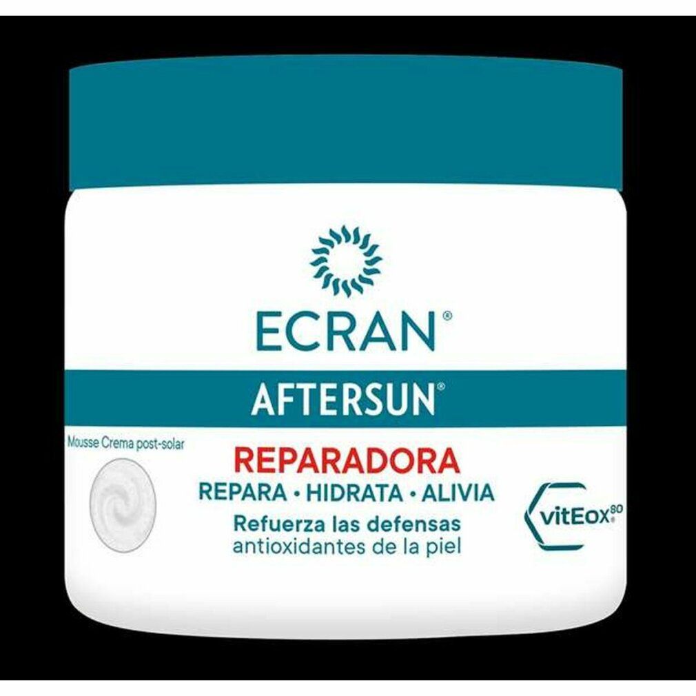 Weißer Tiegel mit blauem Deckel. Aufschrift: ECRAN AFTERSUN REPARADORA. Spanischer Text. Logo: viteEox.