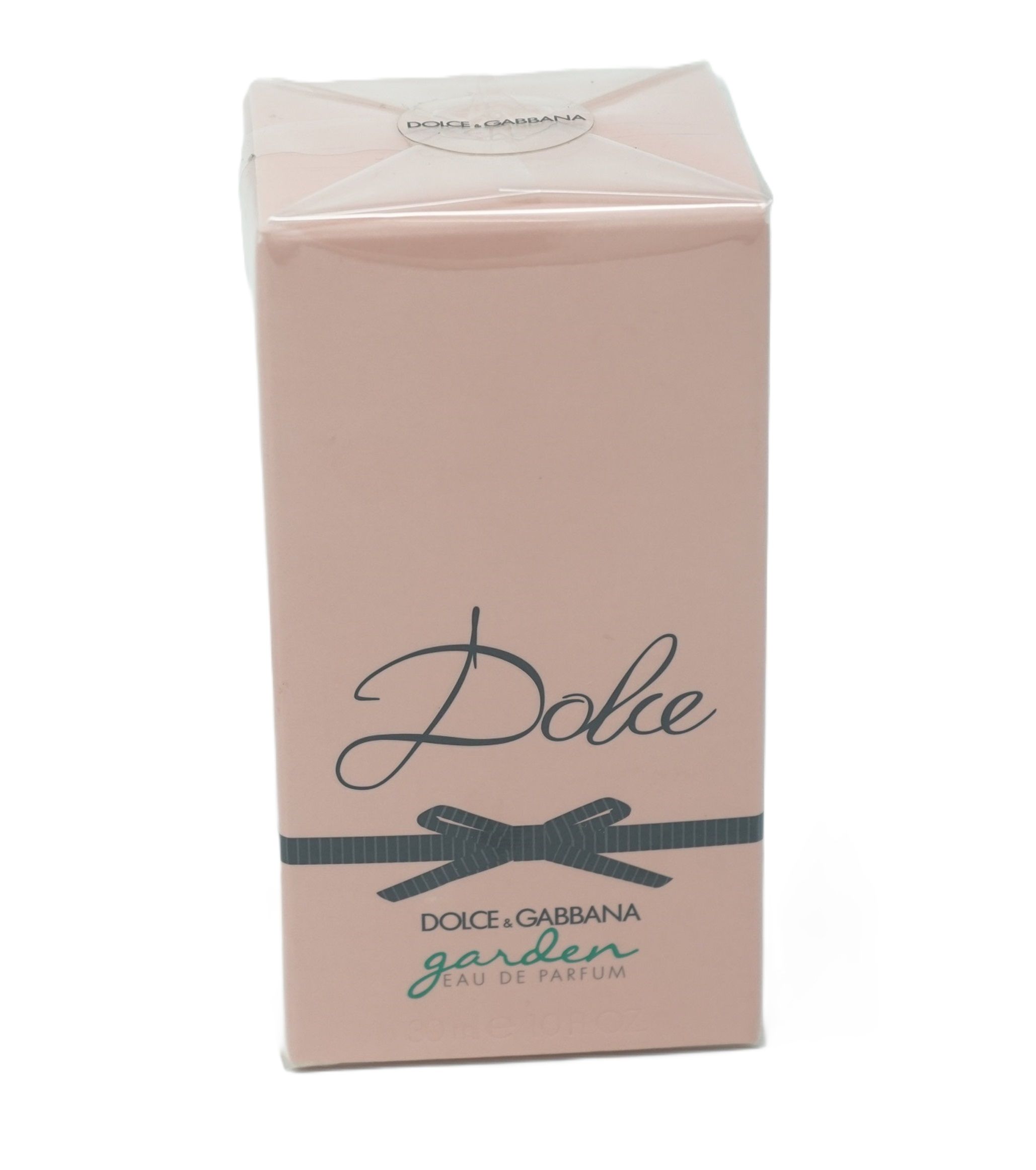 Rosa rechteckige Verpackung mit schwarzer Schleife und Schriftzug Dolce. Dolce & Gabbana Garden Eau de Parfum.