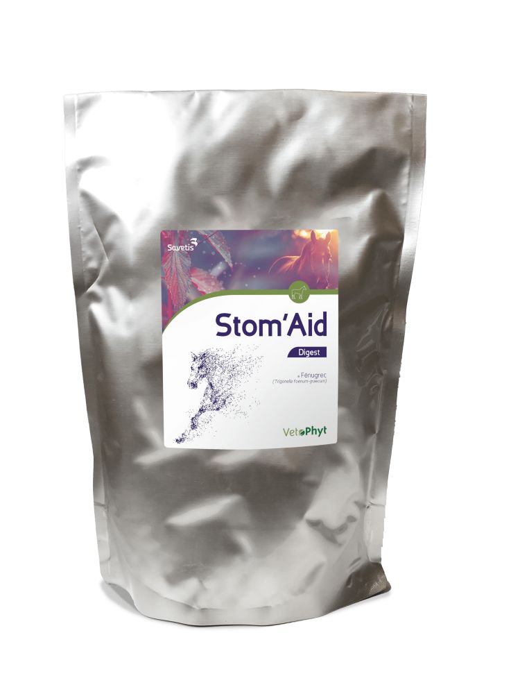 Silberfarbener Beutel mit Aufkleber. Auf dem Aufkleber steht "Stom'Aid Digest" und ein galoppierendes Pferd. Marke: Savetis.