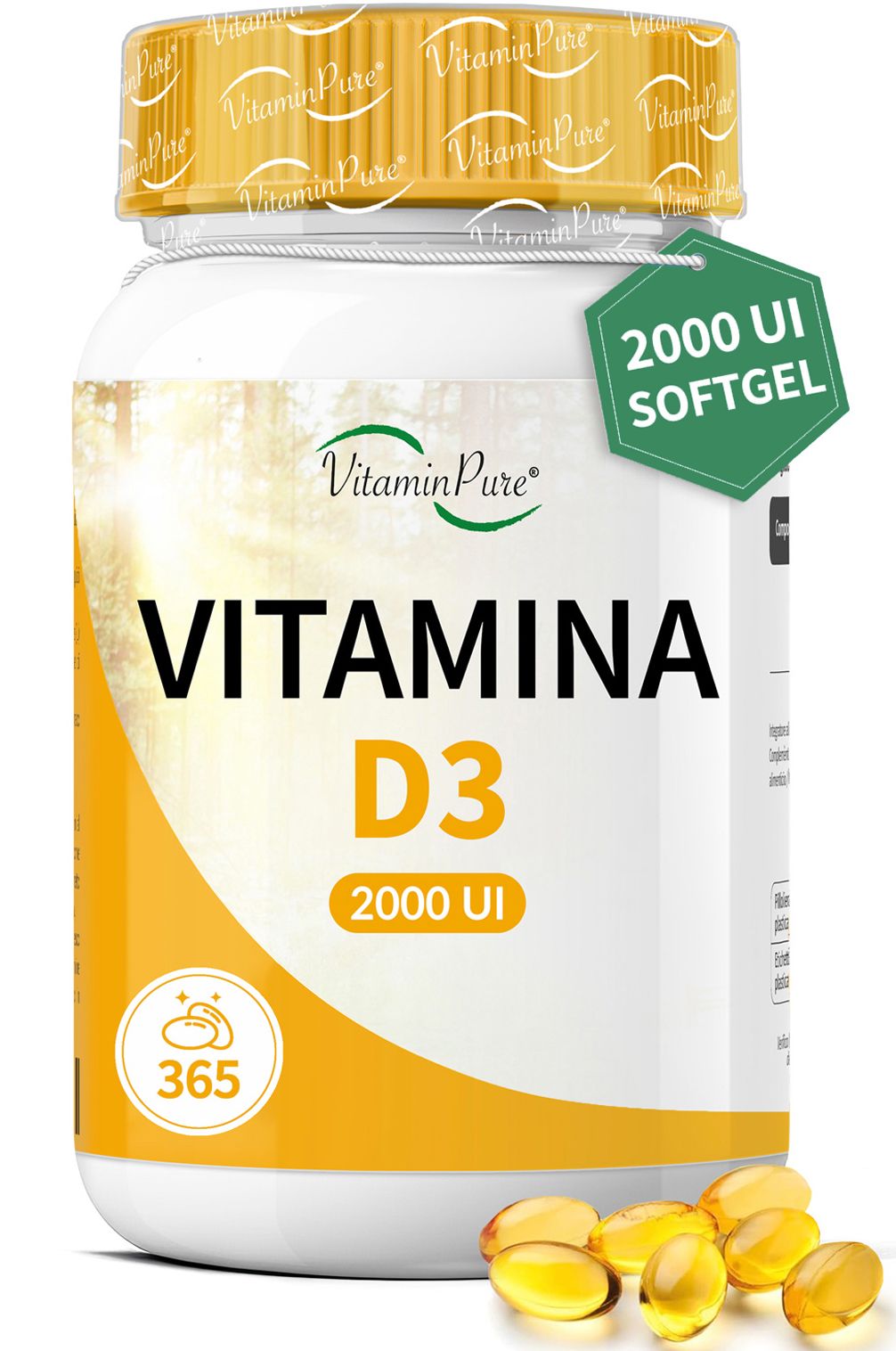 Una bottiglia bianca di VitaminPure® Vitamina D3 2000 UI con 365 capsule softgel. Sulla bottiglia c'è scritto "VITAMINA D3 2000 UI" e "365". Alcune capsule softgel gialle sono sulla superficie. Sulla bottiglia c'è un'etichetta verde con la scritta "2000 UI SOFTGEL".