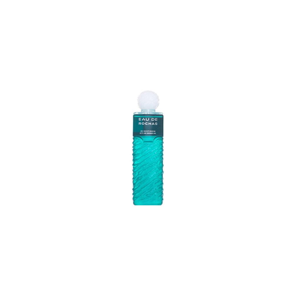 Türkisgrünes Duschgel mit geriffelter Oberfläche. Weißer Deckel. Aufschrift: Eau de Rochas.
