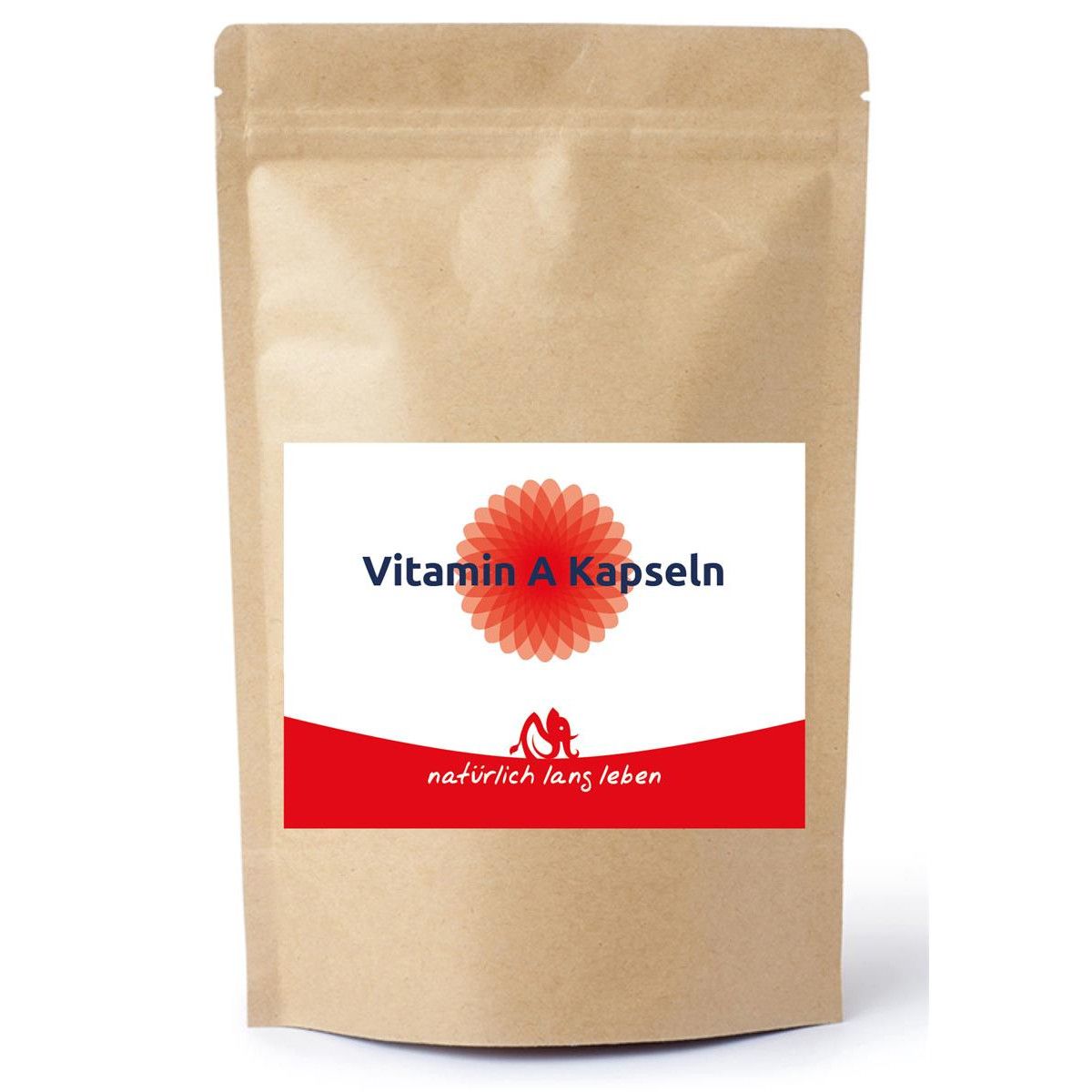 Braune Papierverpackung mit Etikett. Etikett mit rotem Streifen und Schriftzug 'Vitamin A Kapseln' und Logo.