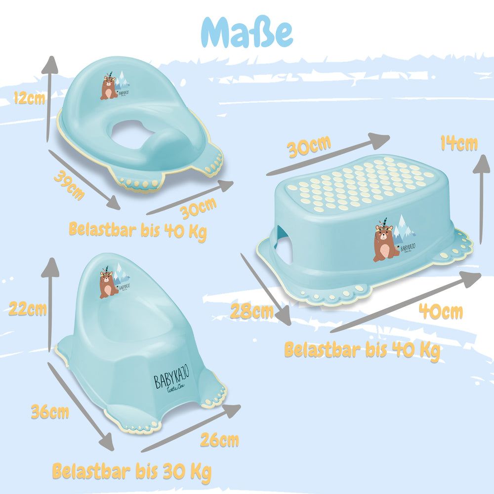 Drei Teile des Sets mit Maßen: Töpfchen, Toilettentrainer, Hocker. Belastbarkeit bis 40 kg.