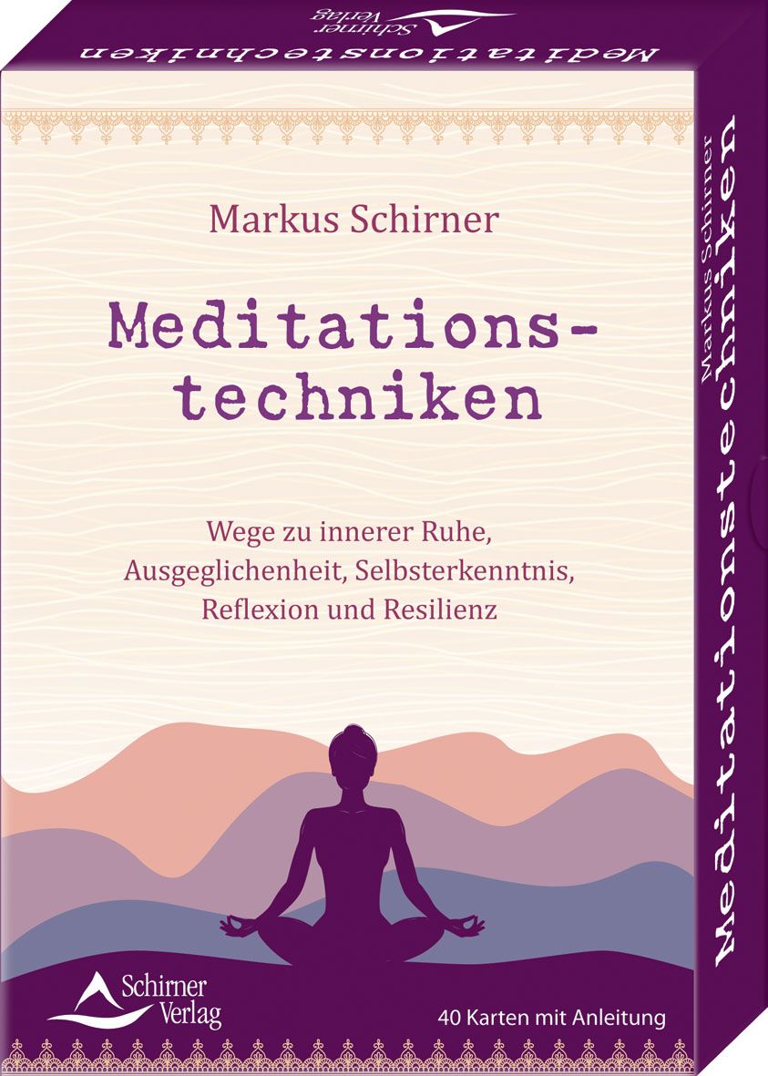 Kartenbox „Meditationstechniken“. Titel, Autor, und Beschreibungstext. Abbildung einer Person in Meditationshaltung.