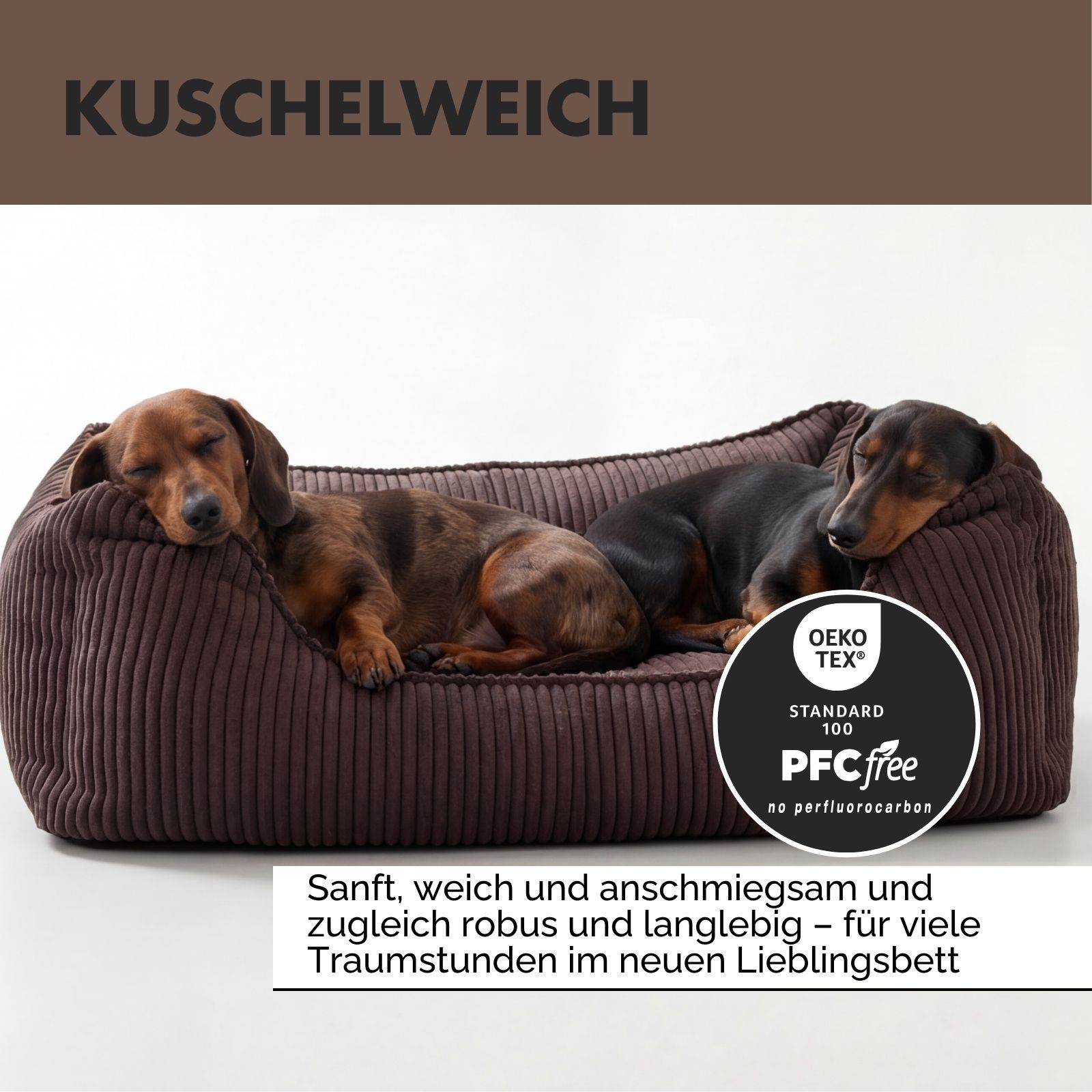 Braunes Hundebett mit zwei Dackeln. Oeko-Tex Standard 100, PFC-frei.