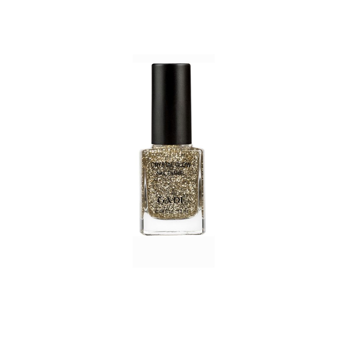 Ga-De Crystal Glow Nagellack. Goldfarbener Nagellack in quadratischer Glasflasche mit schwarzem Deckel. Schriftzug auf der Flasche.