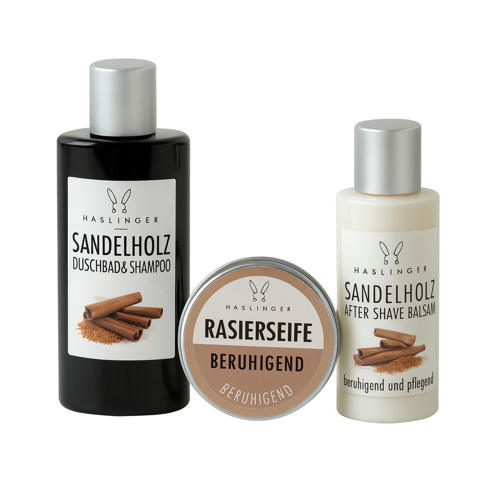 Haslinger Geschenkset Sandelholz – Duschbad & Shampoo, After Shave Balsam & Rasierseife