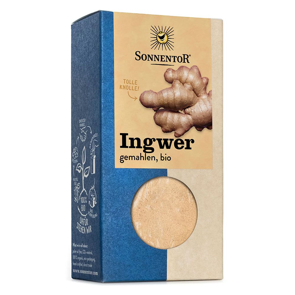 Kartonverpackung mit Ingwer-Abbildung und Text. Sichtfenster zeigt gemahlenes Produkt. Marke: Sonnentor. Text: Ingwer gemahlen, bio.