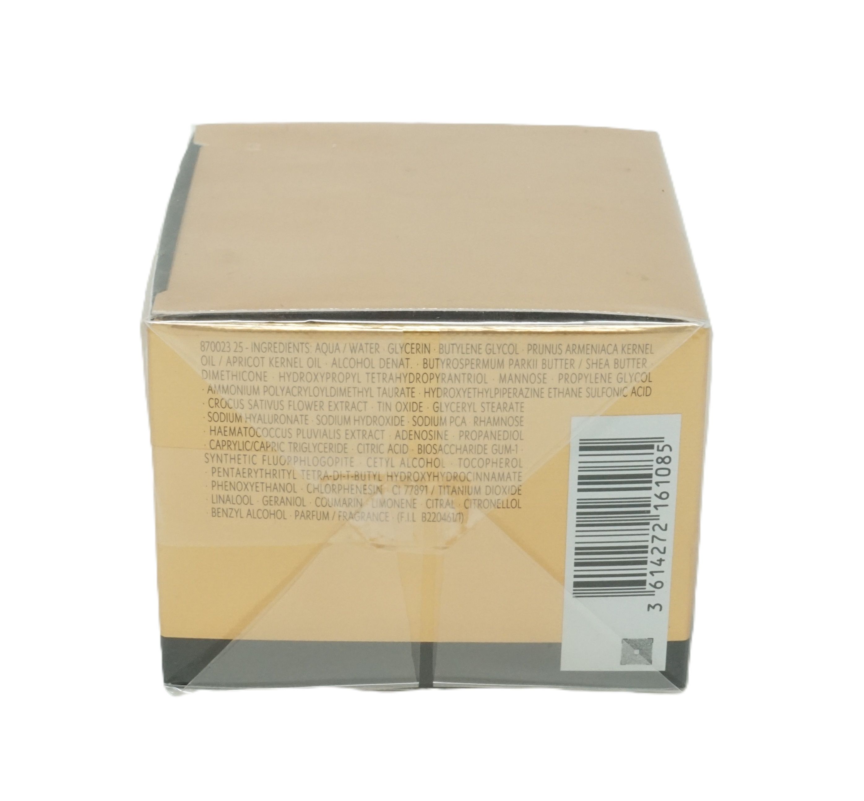 Kartonverpackung mit Barcode und Inhaltsangaben. Beige-goldene Farbe. Text in mehreren Sprachen.