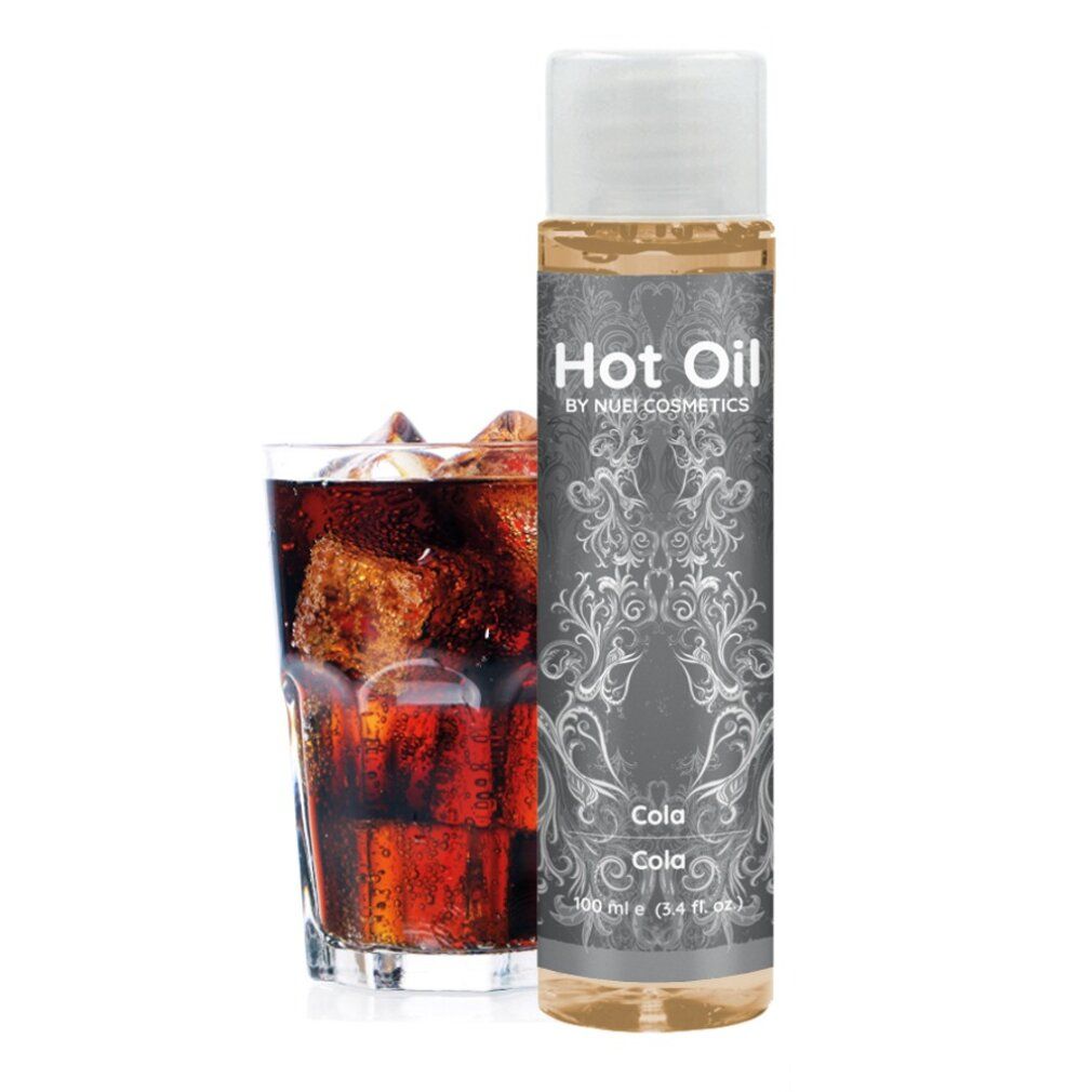 Massageöl-Flasche neben einem Glas Cola mit Eiswürfeln. Aufschrift: Hot Oil, Cola.