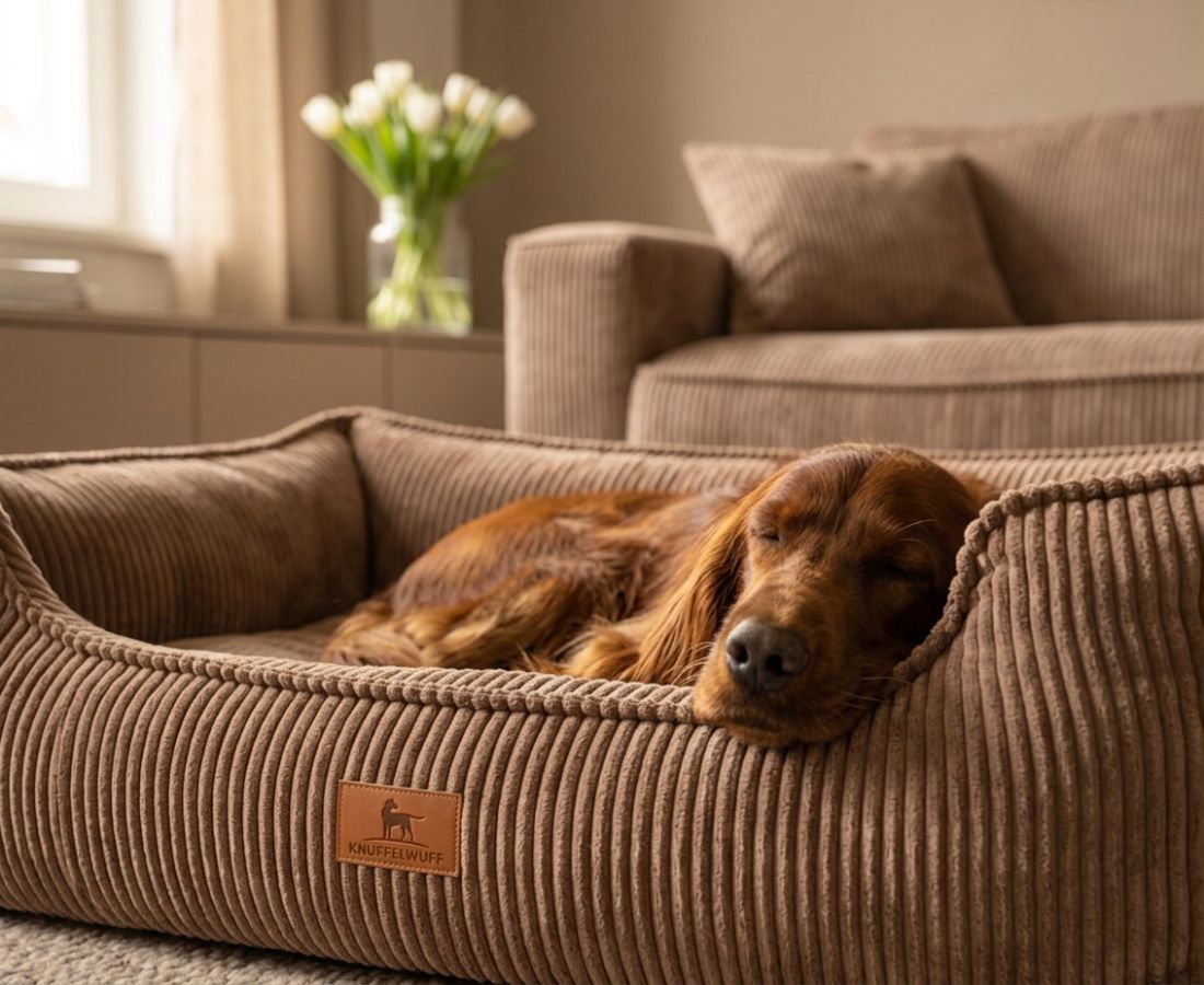 Ein schlafender Irish Setter in einem braunen Cord-Hundebett, Nahaufnahme.