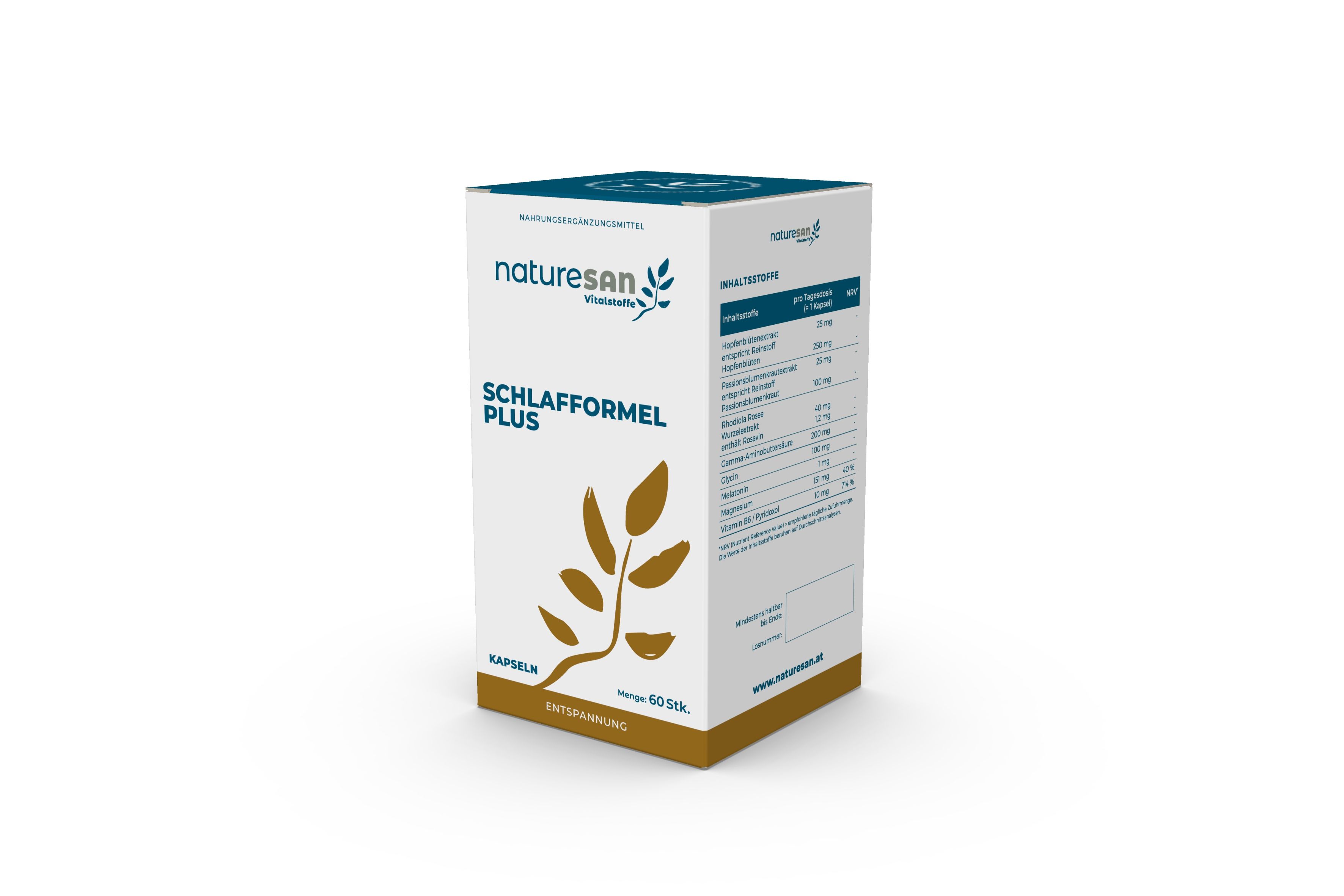 Naturesan Schlafformel Plus. Produktverpackung. Weißer Karton mit Produktnamen, Logo und Inhaltsangaben. Braunes Blattmotiv.