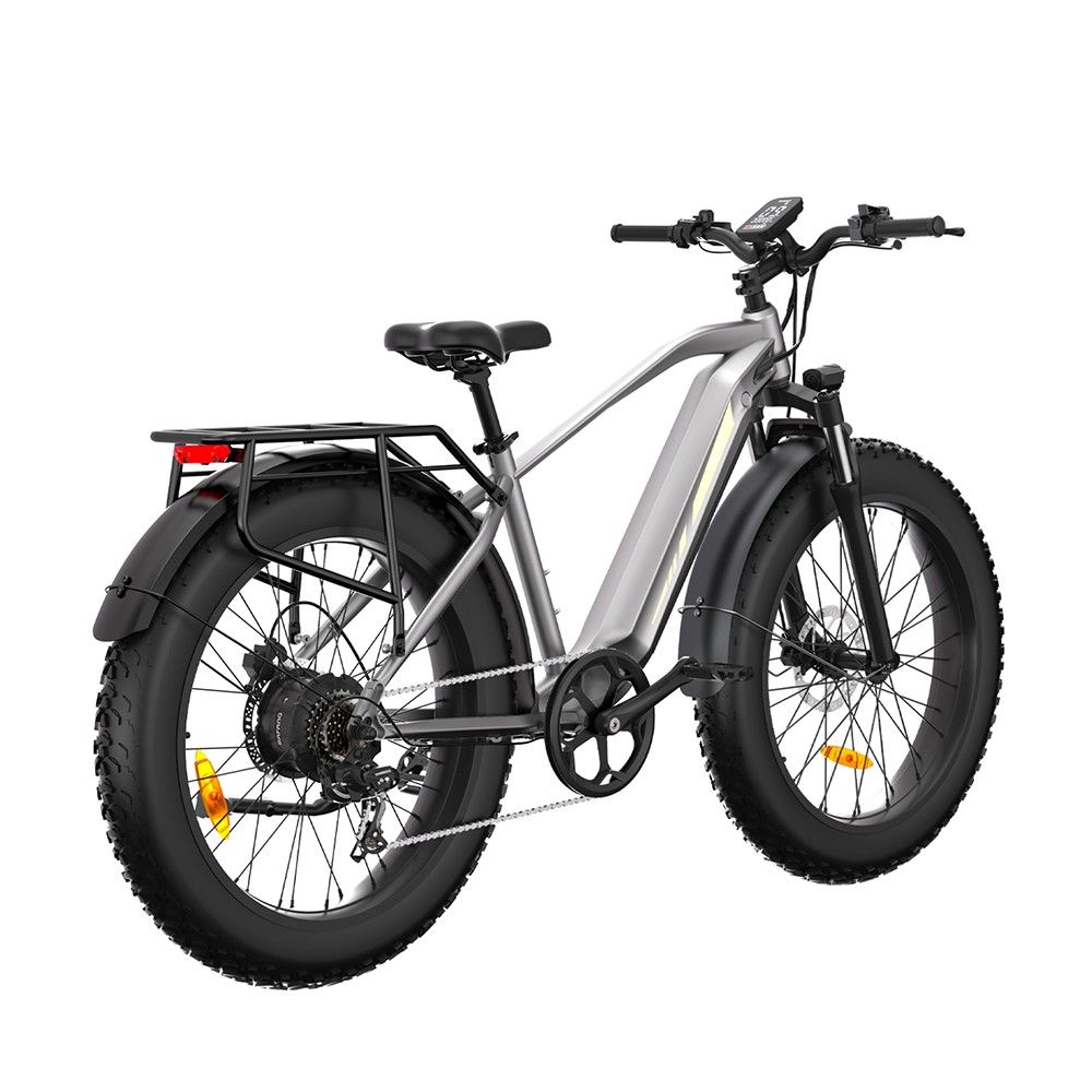 Graues Elektro-Mountainbike mit schwarzen Reifen. Rückansicht, weißer Hintergrund.