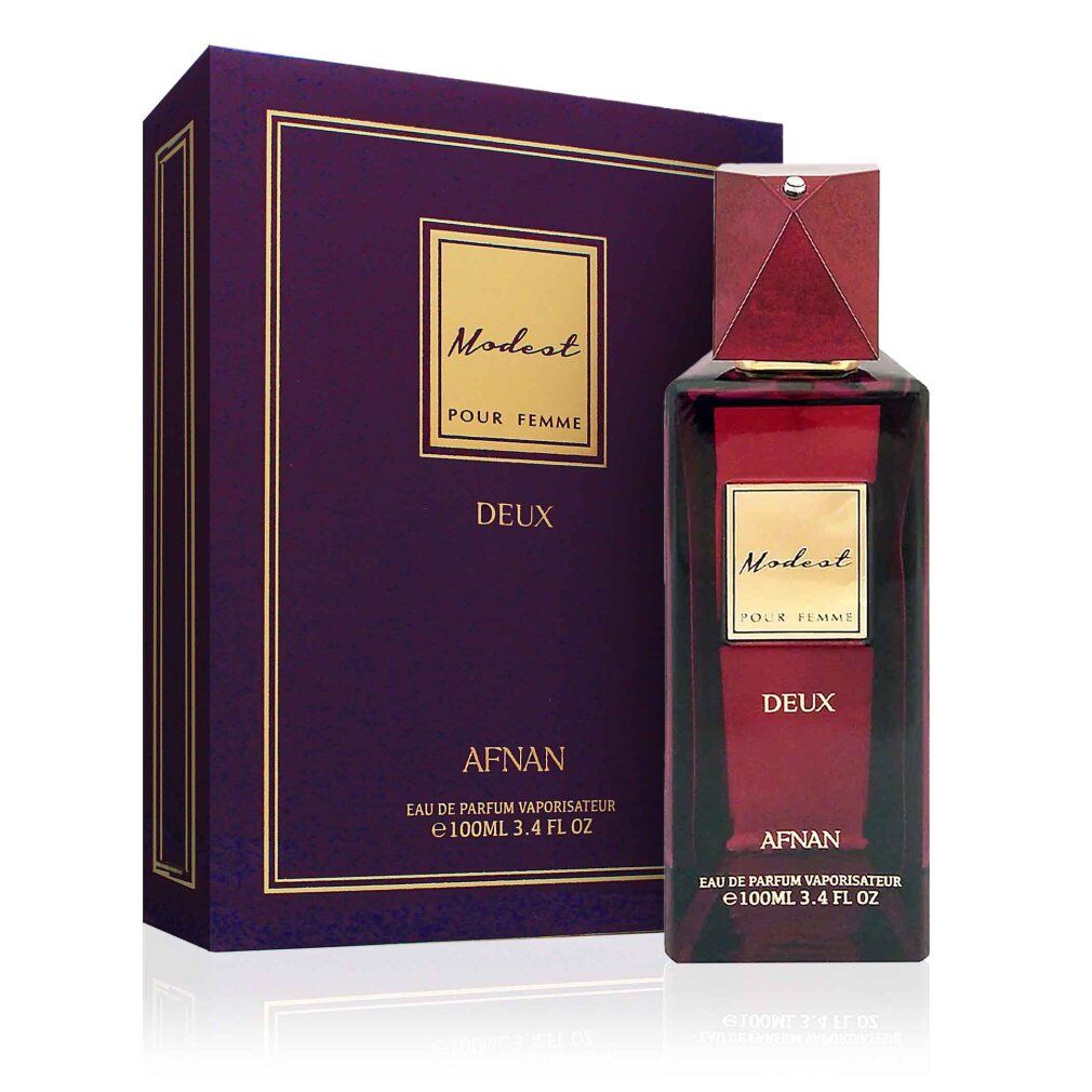 Dunkelroter Flakon und lila Schachtel. Goldfarbene Schriftzüge: Modest Pour Femme Deux, Afnan. Flakon mit rotem Deckel. Verpackung mit goldenem Rahmen.