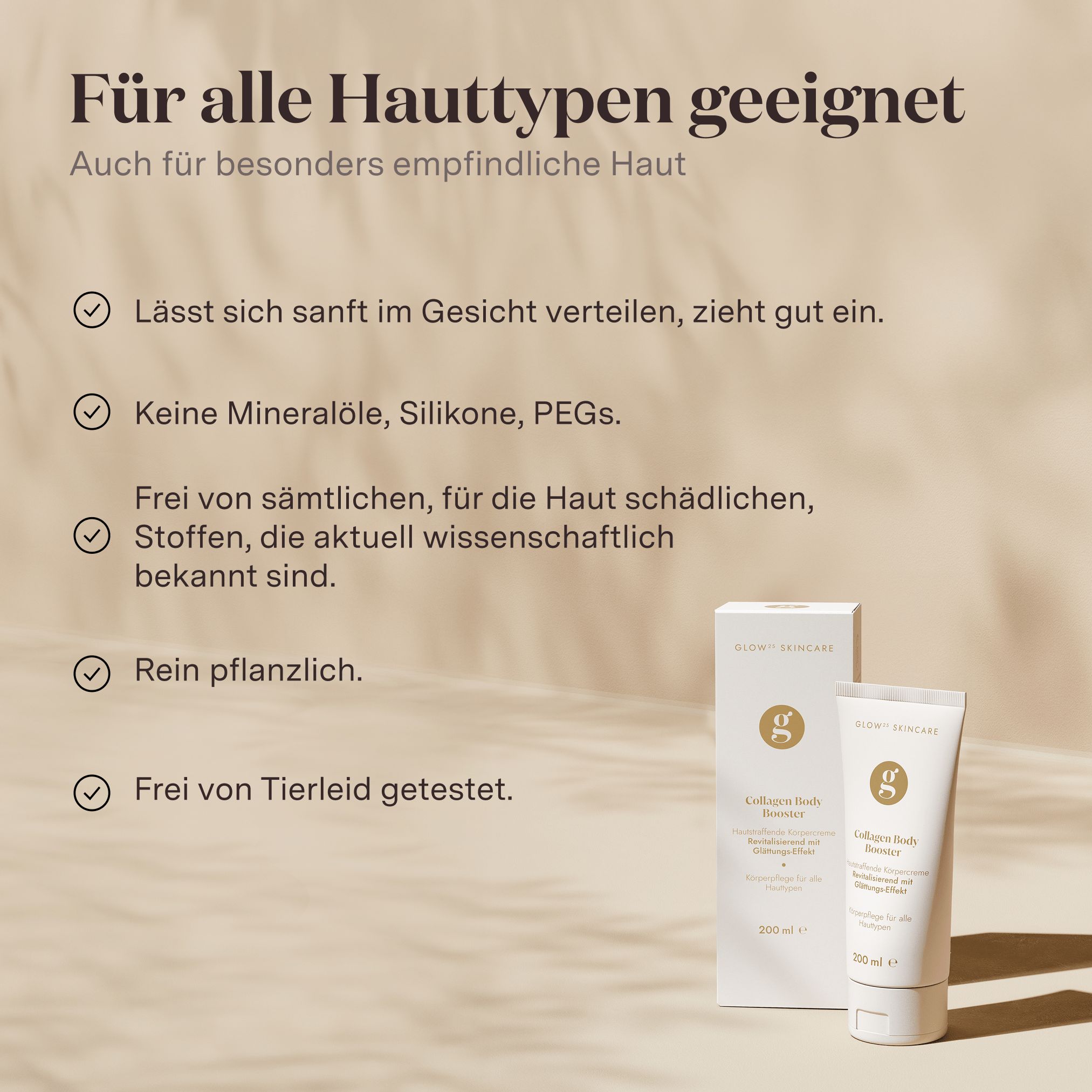 Text mit Aufzählungszeichen. Geeignet für alle Hauttypen. Frei von Mineralölen, Silikonen, PEGs.