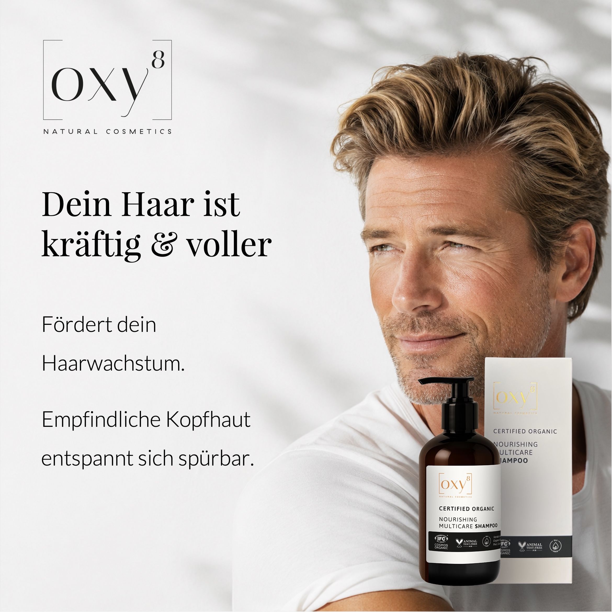 Mann mit OXY8 Nourishing Multicare Shampoo.