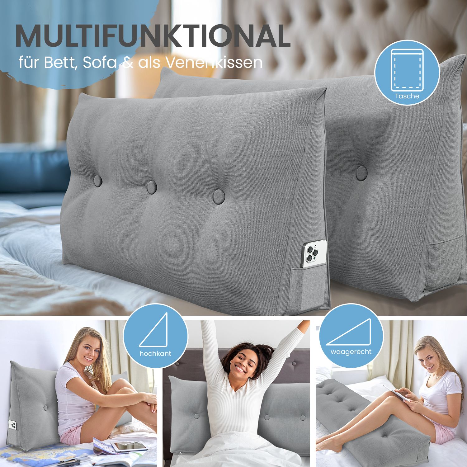 Graue Stützkissen mit Knöpfen. Text: "MULTIFUNKTIONAL". Mit Tasche. Für Bett, Sofa & als Venenkissen. Frauen zeigen Anwendung.
