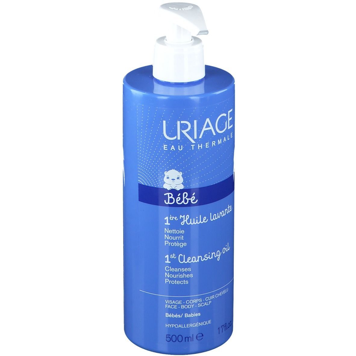 Flacone blu con dosatore bianco. Uriage Bébé 1er Huile lavante. Viso, corpo, cuoio capelluto. 500ml.