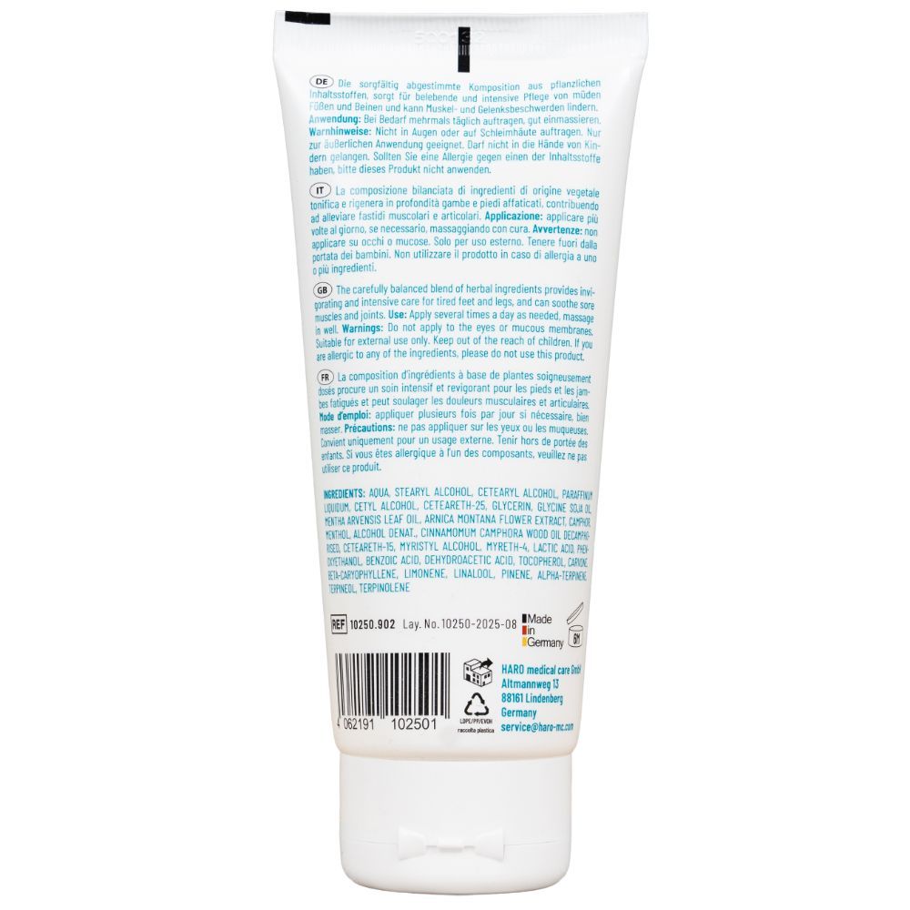 Rückseite einer weißen Tube. Text: Inhaltsstoffe, Anwendungshinweise, Herstellerinformationen. Made in Germany.