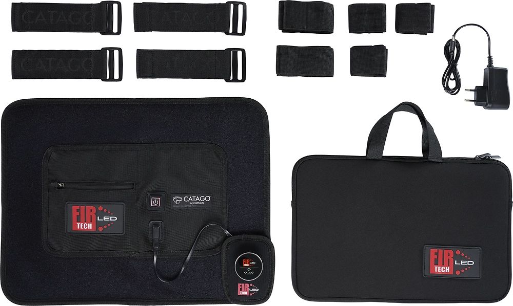 Schwarzes Pad mit Zubehör: Gurte, Tragetasche, Netzteil. Bedienfeld und CATAGO-Logo sichtbar.