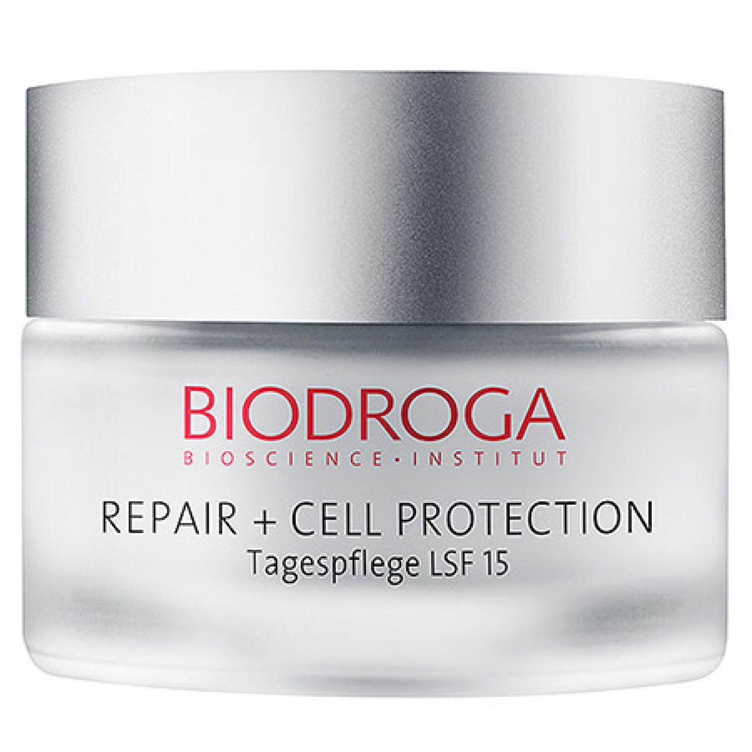 Creme-Tiegel mit silbernem Deckel. Aufschrift: BIODROGA, REPAIR + CELL PROTECTION Tagespflege LSF 15.