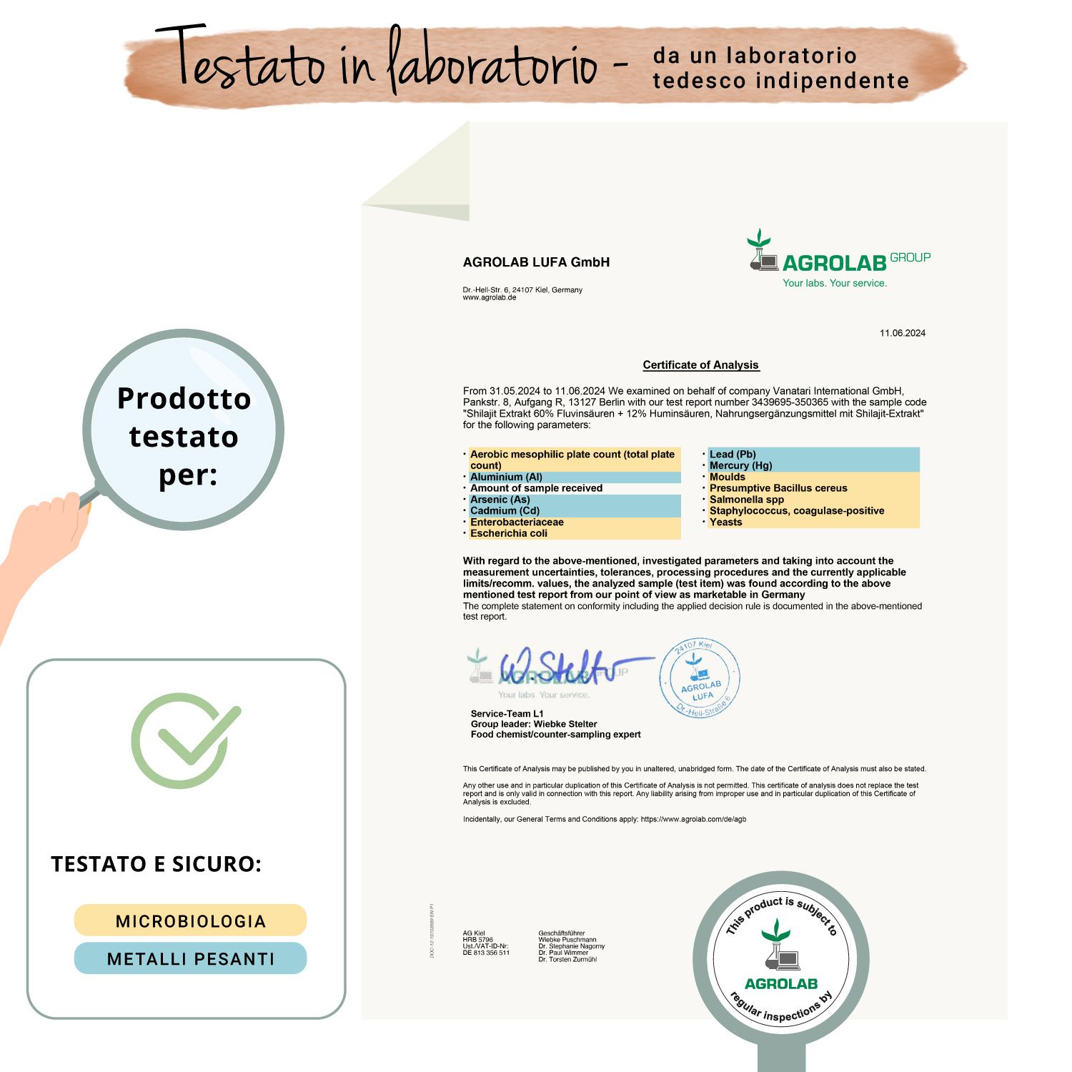 Certificato di Agrolab. Testo: Testato in laboratorio. Testato e sicuro: Microbiologia, Metalli pesanti.