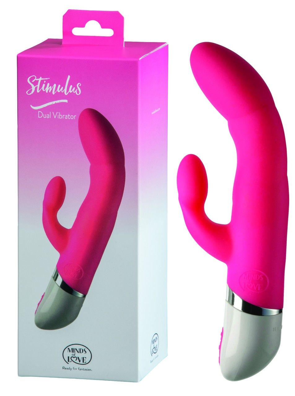 Pinkfarbener Dual-Vibrator neben Verpackung. Verpackung mit Produktabbildung und Schriftzug "Stimulus Dual Vibrator". Marke: MINDS of LOVE.