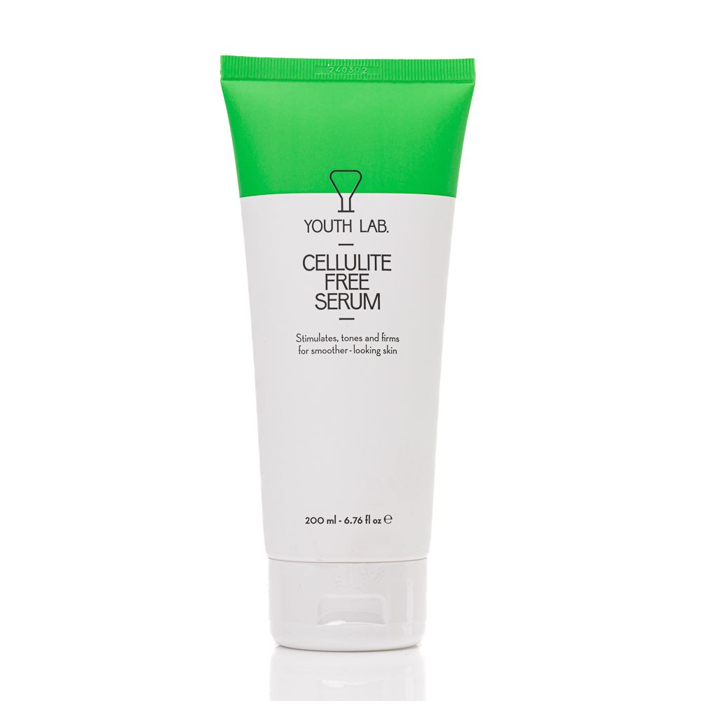 Weiß-grüne Tube. Aufschrift: YOUTH LAB CELLULITE FREE SERUM. Volumen: 200 ml.