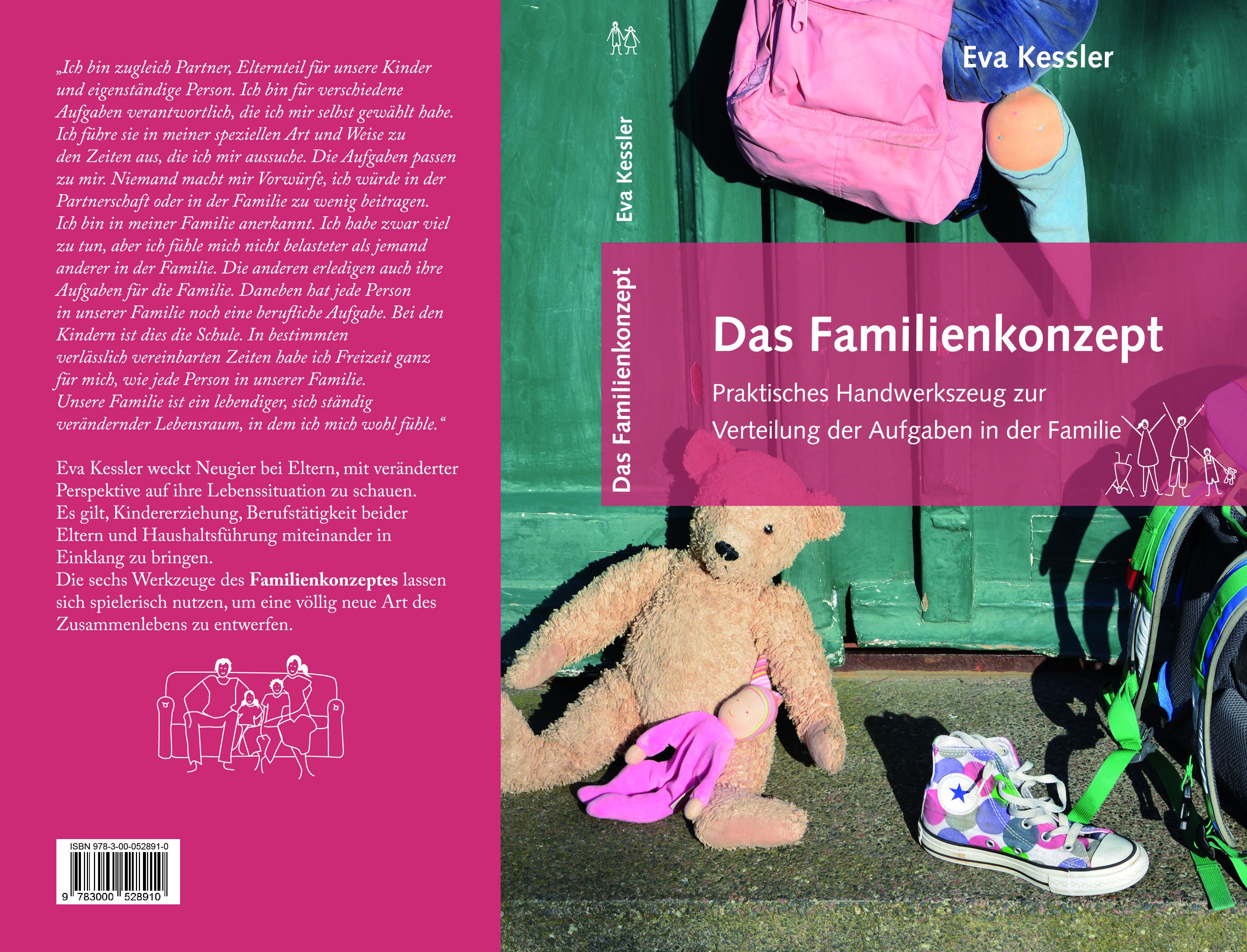 Buchcover und Rückseite: "Das Familienkonzept" von Eva Kessler. Pinker Balken mit Titel. Teddybär, Rucksack und Schuh vor grüner Tür. Text auf der Rückseite.