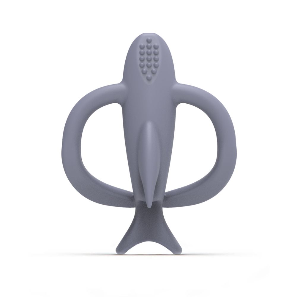 Grauer Hai-Beißring. Oberseite mit Noppen. Zwei Arme und ein Schwanz. Ohne Gesicht.