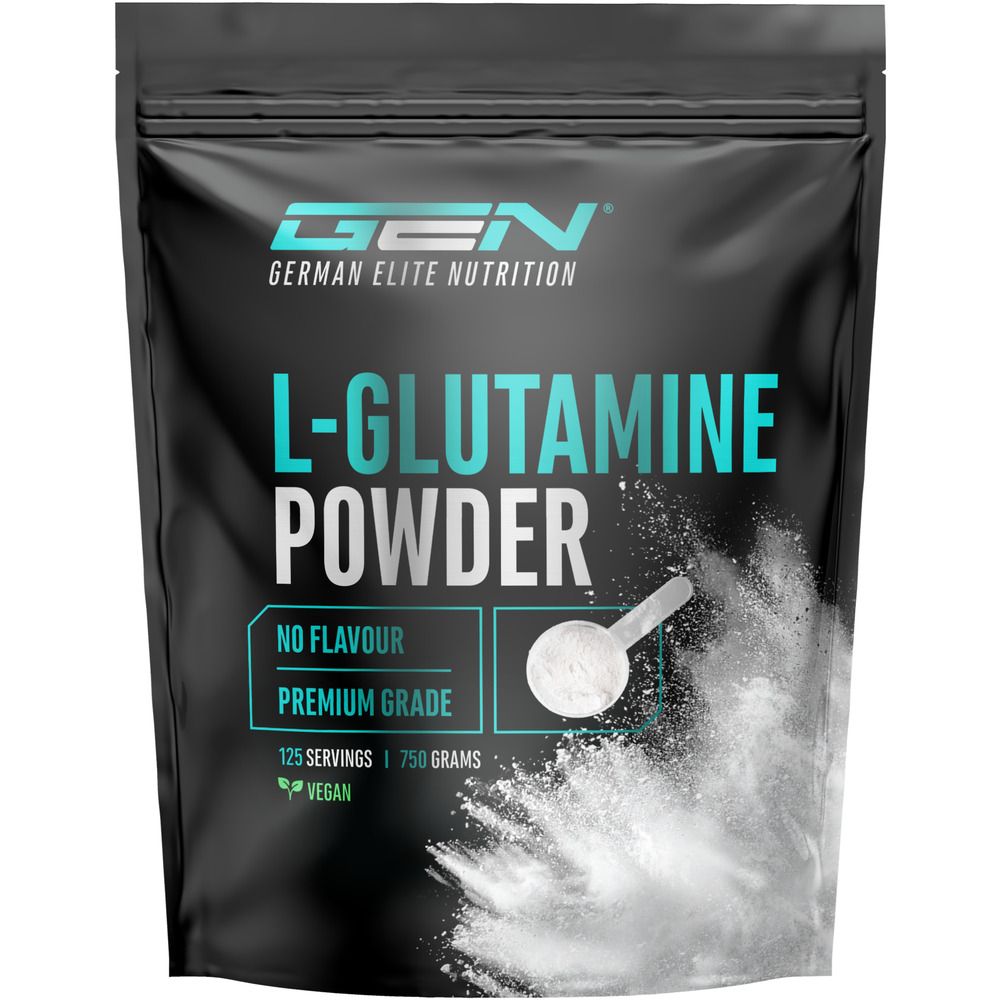 Schwarze Verpackung mit GEN L-Glutamine Powder. No Flavour, Premium Grade, 125 Servings, 750 grams, Vegan.