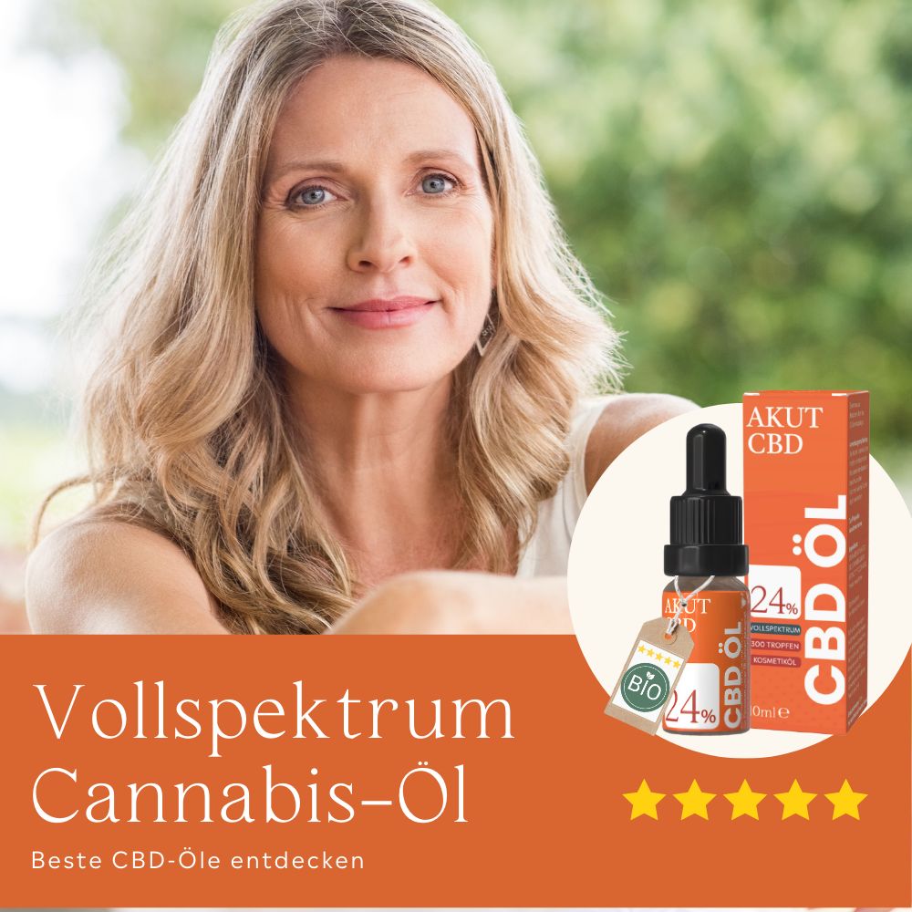 Frau mit AKUT CBD Öl-Flasche und Verpackung. Aufschrift: CBD Öl 24%, Bio-Siegel. Sterne-Bewertung.