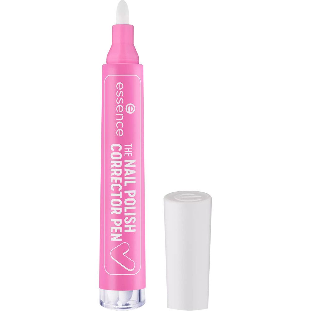 Essence Nagellack Korrekturstift. Der Stift ist pink mit weißem Deckel. Auf dem Stift steht "THE NAIL POLISH CORRECTOR PEN" und das Essence Logo. Der Deckel liegt daneben.