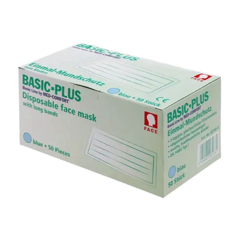 Packung BASIC PLUS Einmal-Mundschutz, blau, 50 Stück. Typ II, 3-lagig.