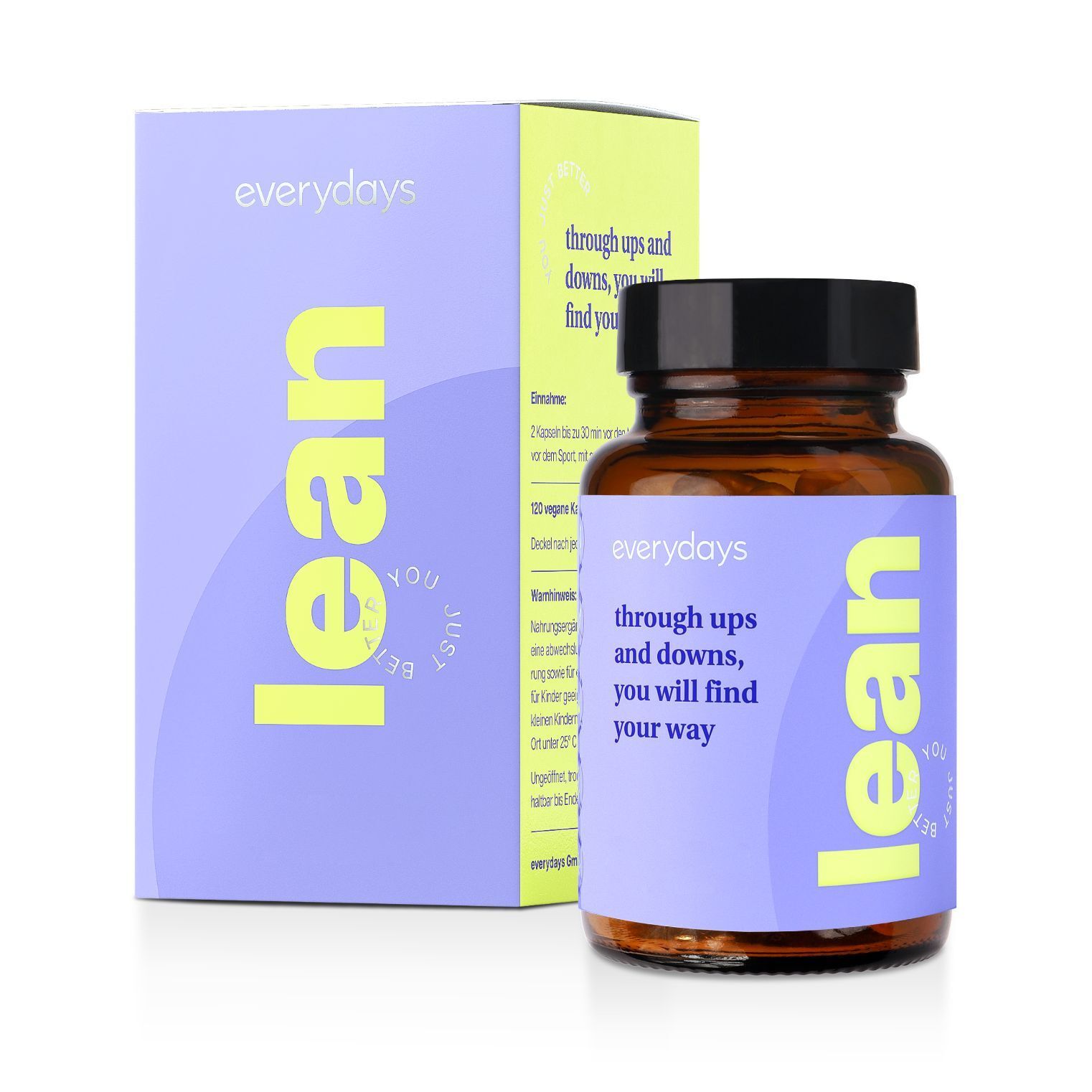 Flasche "lean" und Schachtel. Text: "everydays". Auf der Flasche und Schachtel steht "lean".