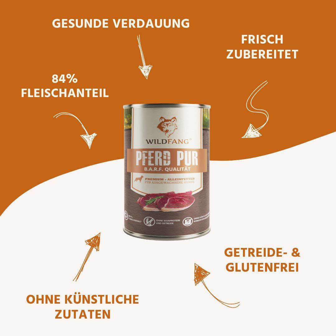 Dose Nassfutter Pferd pur, BARF Qualität. Text mit Pfeilen: gesunde Verdauung, 84% Fleischanteil, ohne künstliche Zutaten.