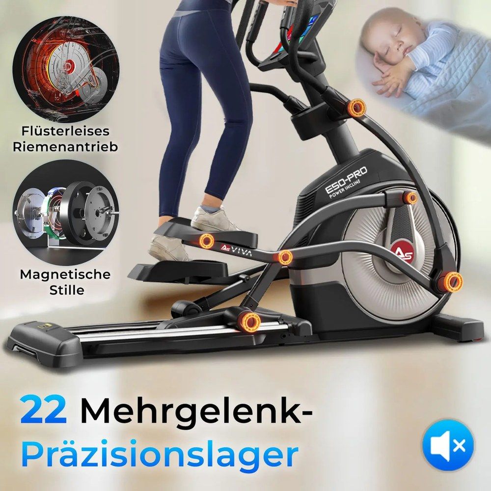 Detailansicht des AsVIVA Crosstrainers E50: Riemenantrieb, magnetische Stille, 22 Mehrgelenk-Präzisionslager.