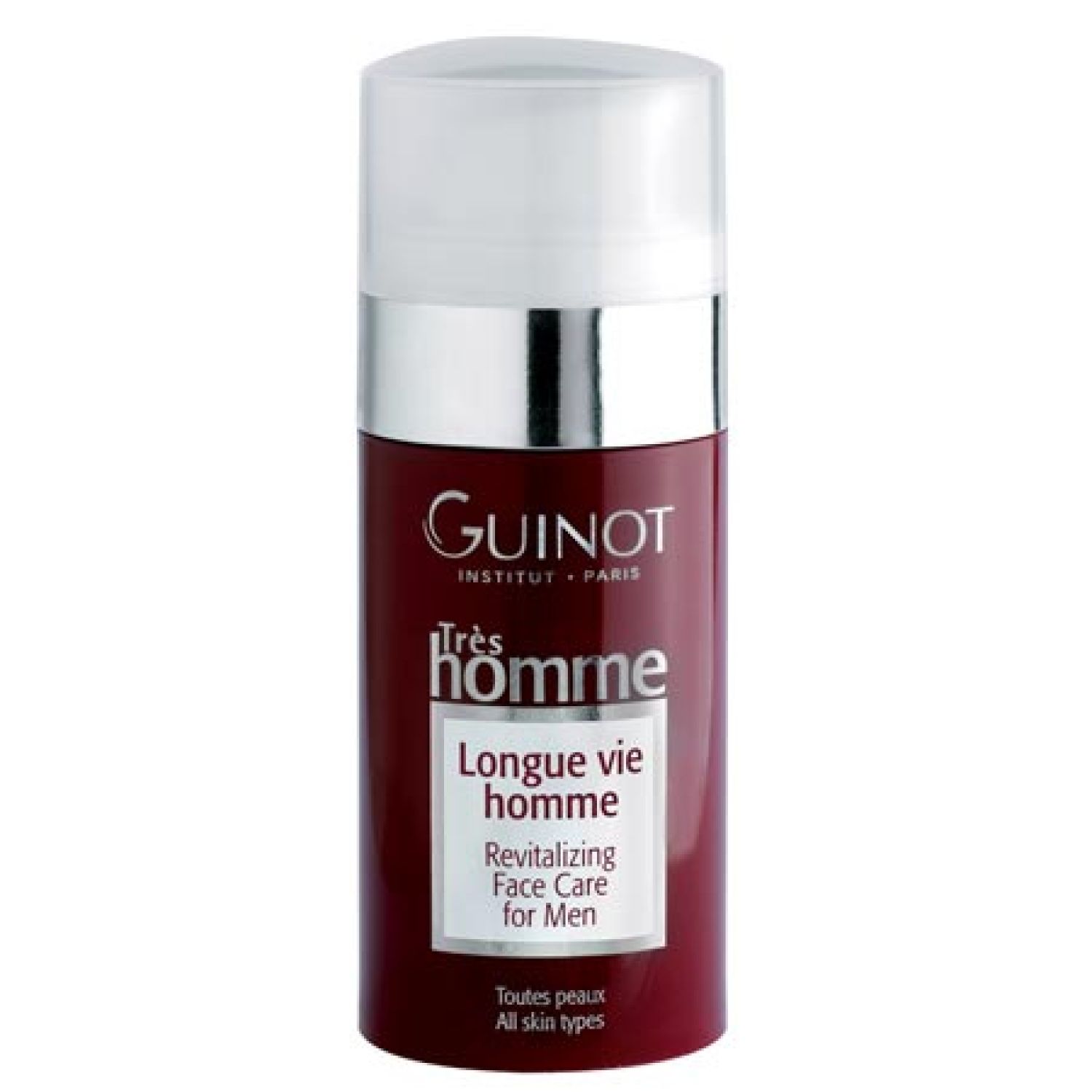 Creme-Flakon. Aufschrift: Guinot Trés Homme, Longue Vie Homme, Revitalisierende Gesichtspflege für Männer. Für alle Hauttypen.