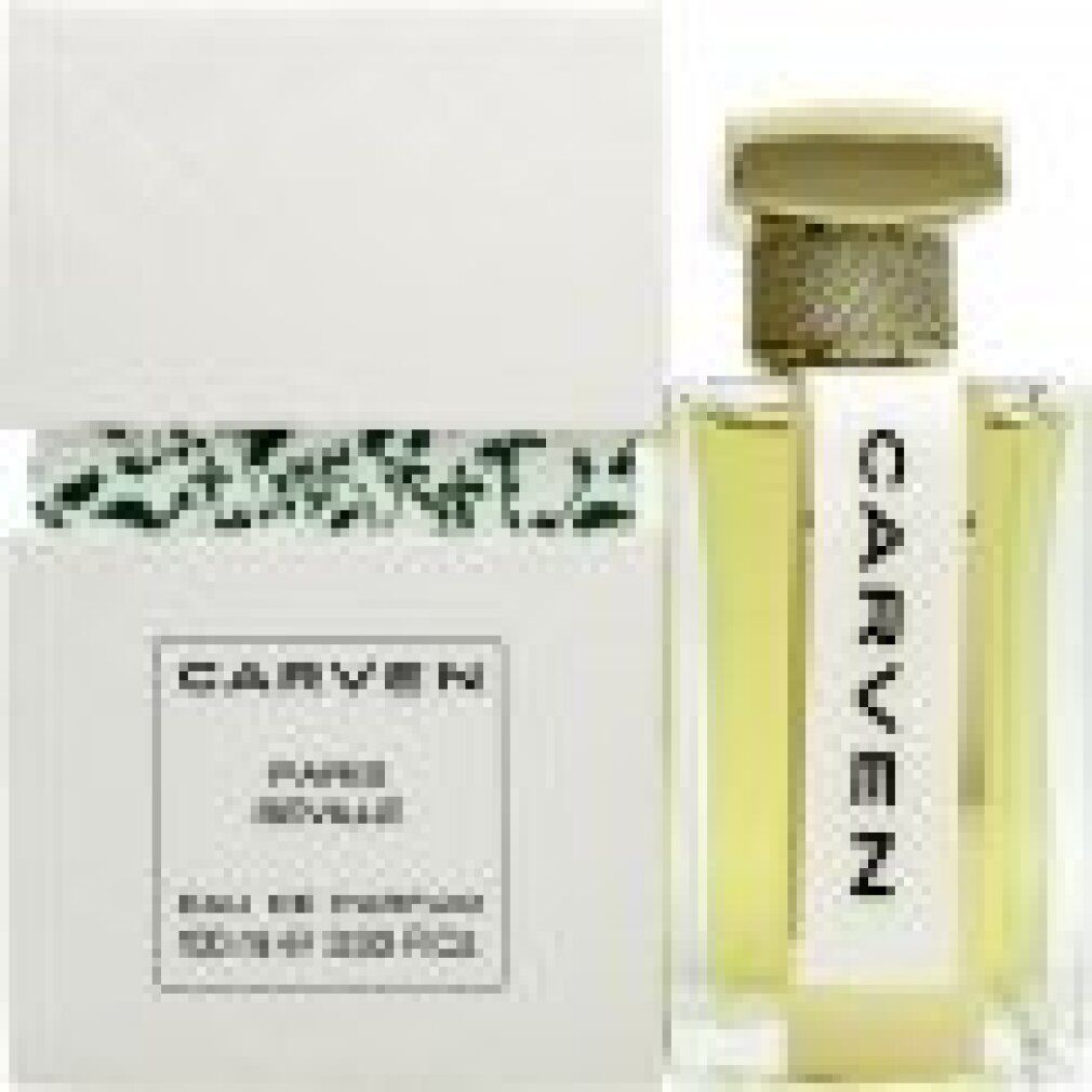 Weiße Verpackung und Glasflakon. Aufschrift CARVEN, PARIS SEVILLE, Eau de Parfum. 100 ml e 3.33 Fl.Oz.