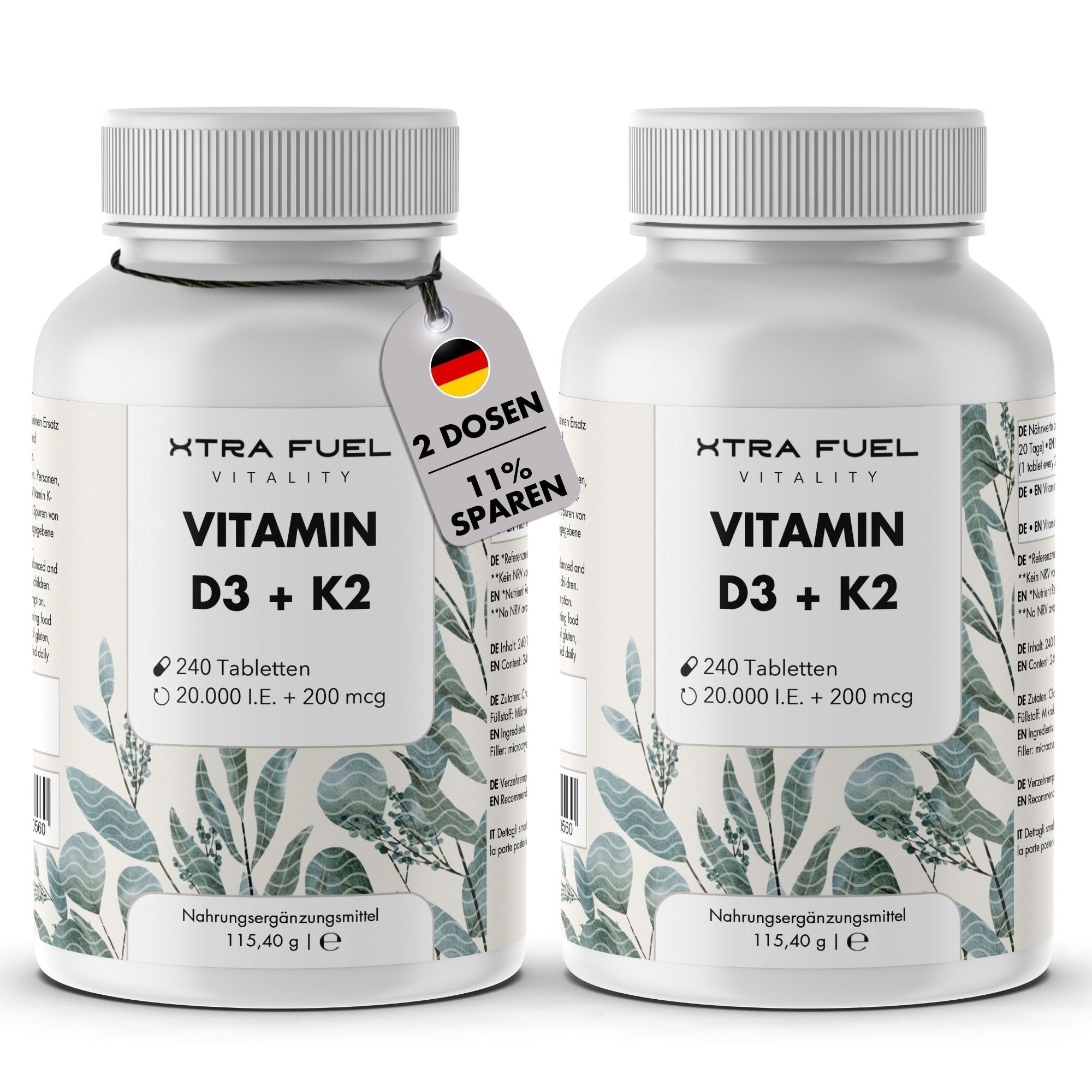 XTRA FUEL Vitamin D3 + K2 Tabletten - hochdosierte 20.000 I.E. + 200mcg MK-7